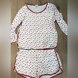 Women's Heart Print Pajama Set - Red and White